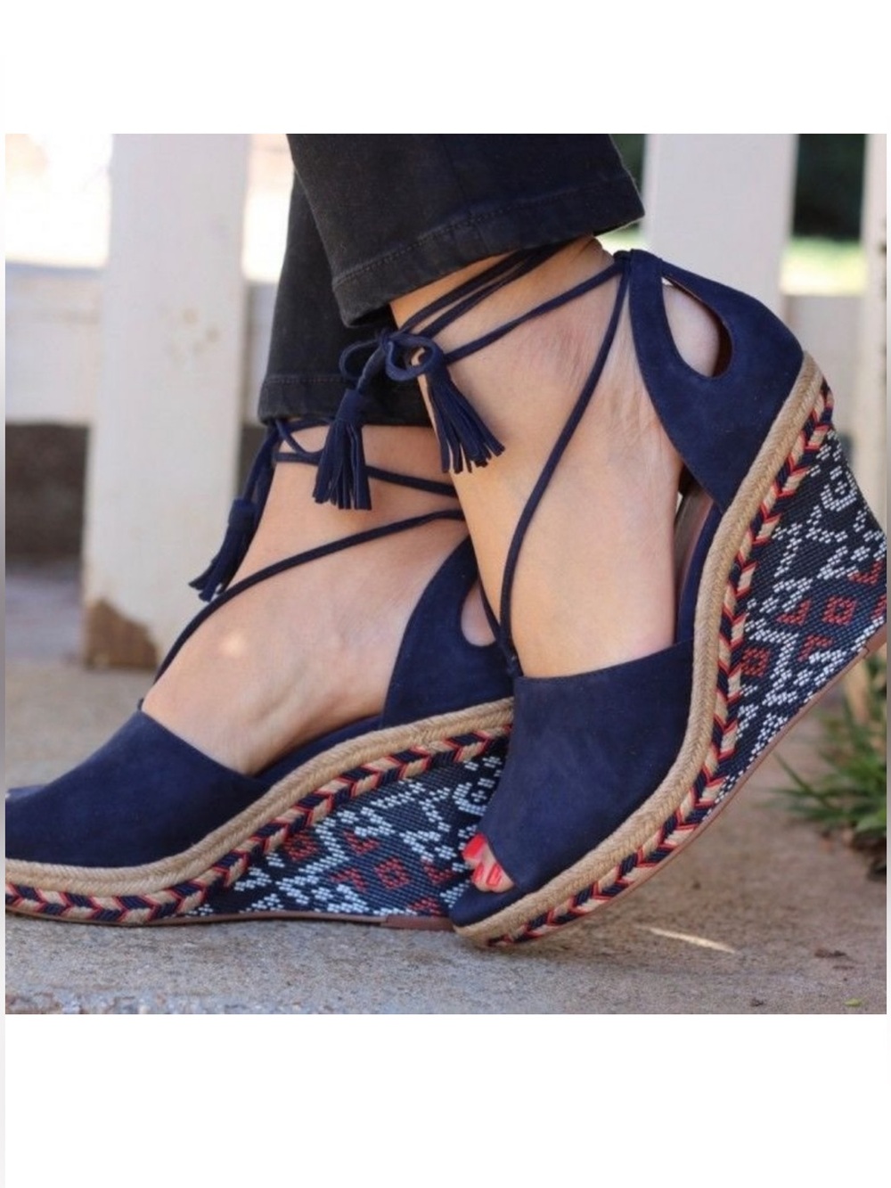 CAbi Isla Navy Suede Tassel Lace Up Espadrille Wedge Peep Toe Sandals 6001